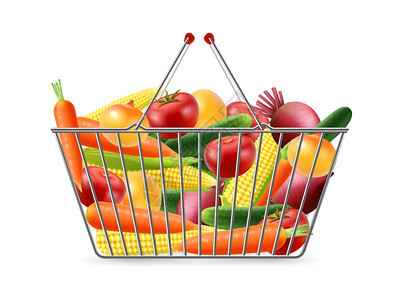 购物篮充满蔬菜的现实形象购物篮与两个手柄充满新鲜机蔬菜,现实的clouseup侧视图图像矢量插图图片