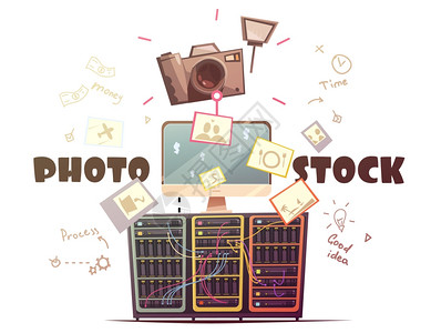 照片微股票行业复古插图成功的高质量照片贡献者股票机构的符号成复古卡通风格矢量插图图片