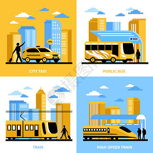城市交通2x2理念城市交通2x2理念与公共汽车电车出租车高速列车成平矢量图图片