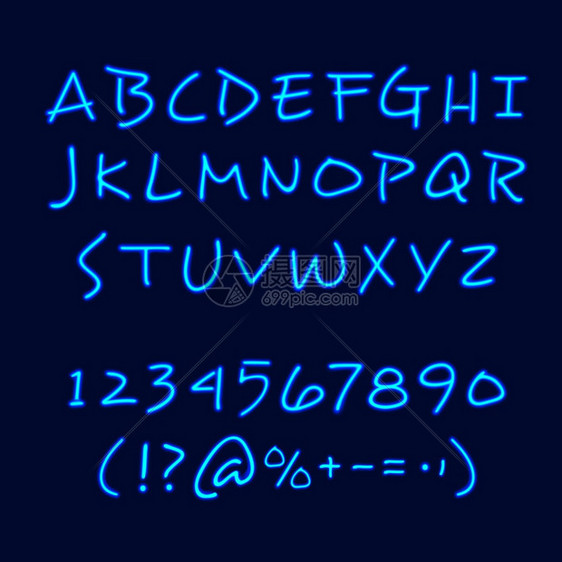 手工刻字霓虹灯风格黑板海报书法字母风格的例子黑板海报与霓虹灯手绘字母数字符号矢量插图图片