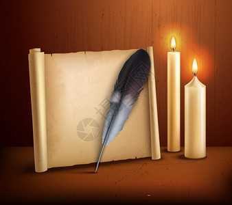 羽毛羊皮纸蜡烛现实背景海报羊皮纸与羽毛燃烧蜡烛,现实的老风格海报与木制背景矢量插图背景图片