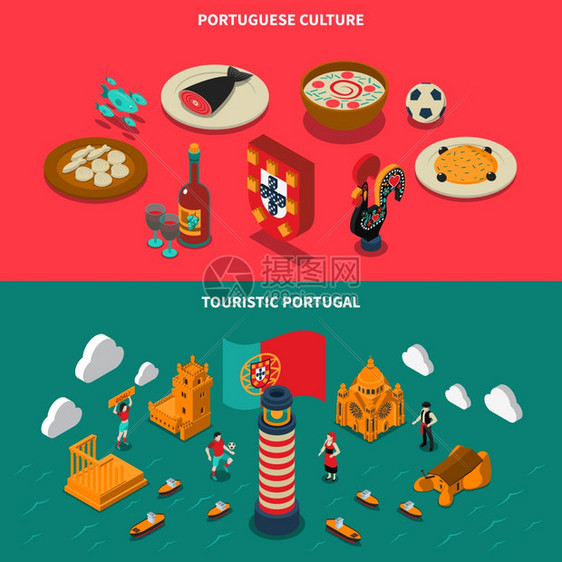 葡萄牙等距横幅葡萄牙等距水平横幅与建筑文化符号矢量插图图片