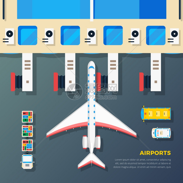 喷气桥机场停机坪飞机机场停机坪飞机机场区域与飞机喷气桥地Srvice顶部视图抽象矢量插图图片