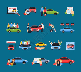 汽车共享图标共享图标与拼车符号蓝色背景平孤立矢量插图图片