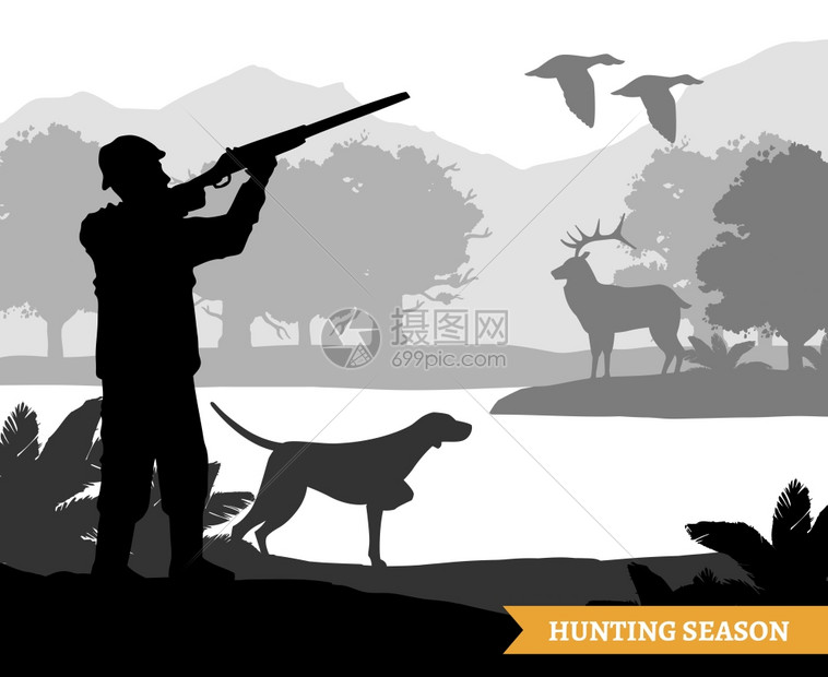 狩猎剪影插图猎人剪影拍摄飞鸟鹿狩猎季节单色平矢量插图图片