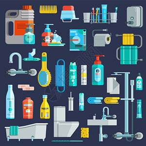 平彩色卫生图标平彩色卫生图标浴室设备元素洗涤剂洗漱用品深蓝色背景隔离矢量插图图片