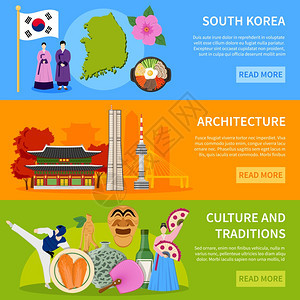 韩国剔除平横幅韩国文化传统,建筑观光为游客3平横幅网站孤立矢量插图图片