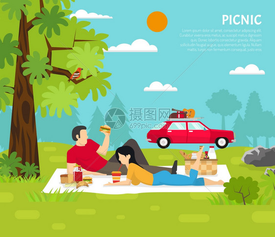 户外野餐矢量插图户外场所,男女公园矢量插图的草地上野餐图片