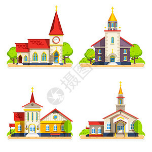 教堂平图标美丽的历史教堂建筑,同的建筑风格,平图标白色背景矢量插图图片