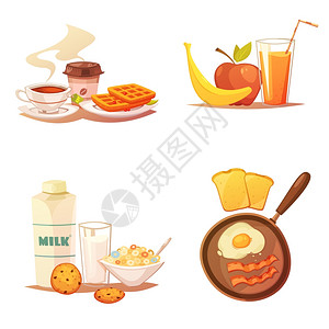 四个早餐图标成四个彩色图标成的白色背景与同的食品套件早餐平矢量插图图片