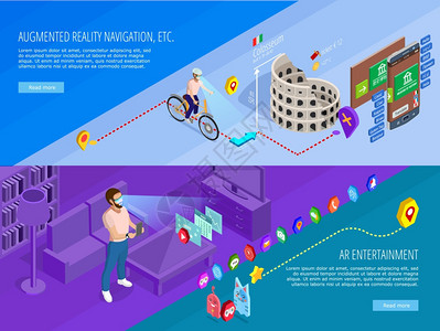增强现实2等距横幅增强现实导航娱乐活动2水平等距横幅网页与虚拟旅游游戏孤立矢量插图图片