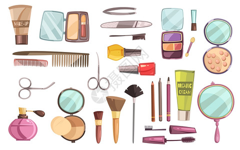 顶级化妆品套装平套装饰化妆品的化妆工具,指甲香水刷子矢量插图图片
