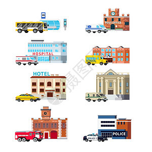 城市服务建筑正交正交的城市服务建筑,包括交通邮局医院隔离向量插图图片