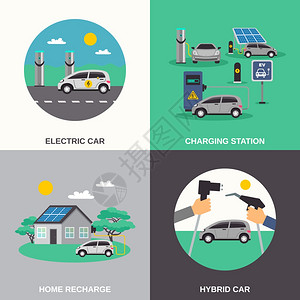 电动汽车4平图标正方形电动混合动力汽车充电站家庭充电点4平图标成海报孤立矢量插图图片