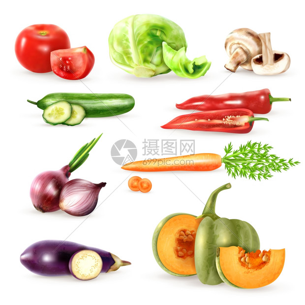 蔬菜装饰图标收集蔬菜装饰图标收集黄瓜,茄子,洋葱,蘑菇,胡萝卜,卷心菜,番茄图像现实风格矢量插图图片