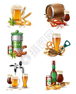 生啤酒插图套自来水啤酒非IC璃浴缸的成与啤酒桶,桶生麦芽小吃鱼矢量插图图片