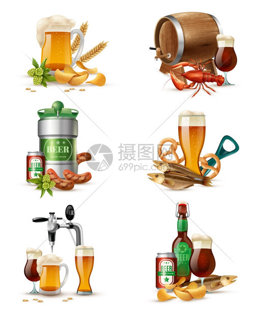 生啤酒插图套自来水啤酒非IC璃浴缸的成与啤酒桶,桶生麦芽小吃鱼矢量插图图片