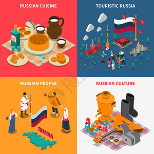 俄罗斯等距旅游2x2图标俄罗斯文化等距旅游2x2图标与民族符号服装美食孤立彩色背景矢量插图图片