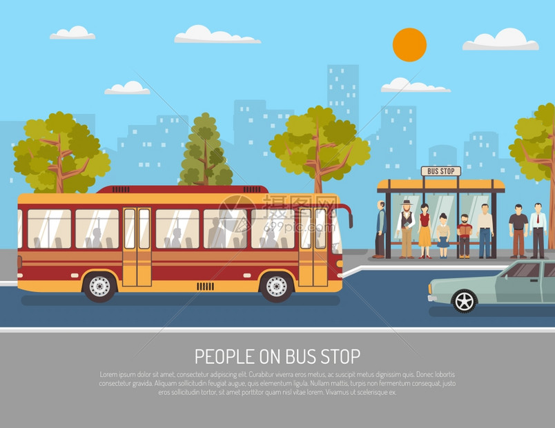 公共交通巴士服务平海报城市公共交通服务平海报与人们公交车站候车亭抽象矢量插图图片