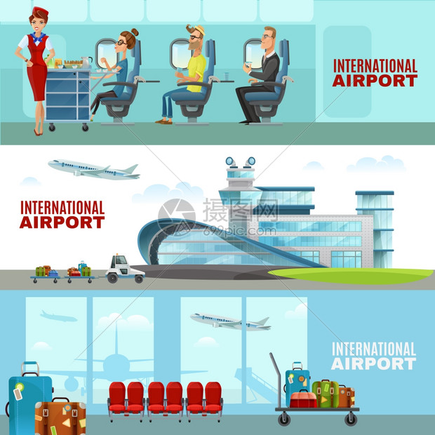 国际机场水平横幅国际机场水平横幅与候车室内部空姐乘客飞机机舱平矢量插图图片