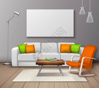 现代内部颜色模拟现实海报现代室内颜色选择家具布置现实的模型海报与装饰枕头扶手椅矢量插图图片