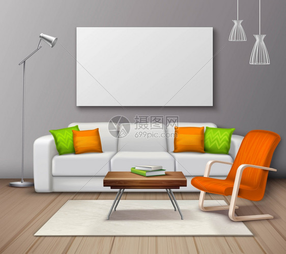 现代内部颜色模拟现实海报现代室内颜色选择家具布置现实的模型海报与装饰枕头扶手椅矢量插图图片