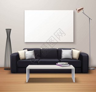现代室内模拟现实海报现代室内写实模型海报与沙发茶几白板装饰地板花瓶矢量插图图片