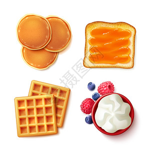 早餐食物4查看物品早餐菜单项目4现实的顶部VIE图像方形构图与薄煎饼华夫饼吐司奶油分离矢量插图图片