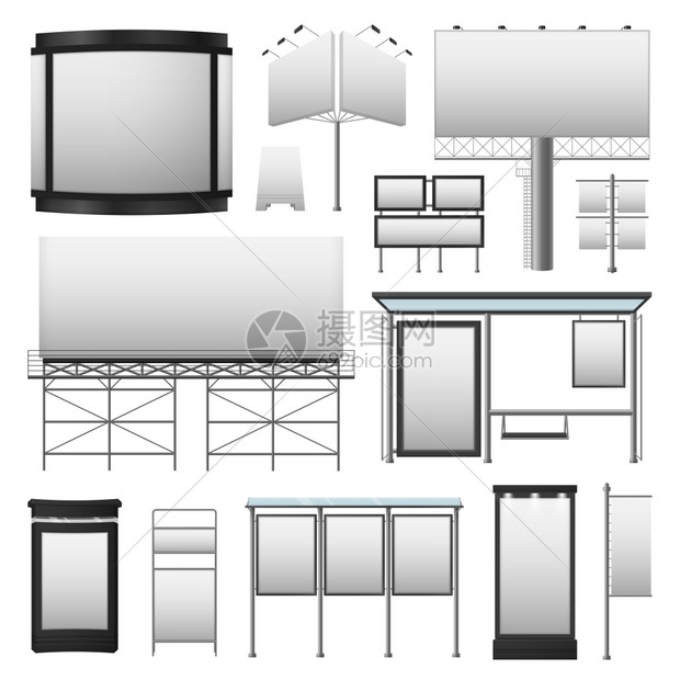 户外广告套装户外广告空白广告牌同大小的灰色颜色隔离矢量插图图片