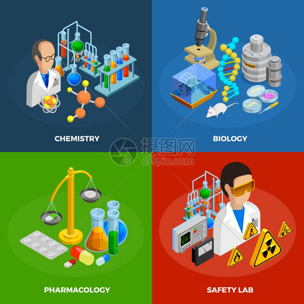 科学图标集科学图标化学生物学药理学符号等距孤立矢量插图图片