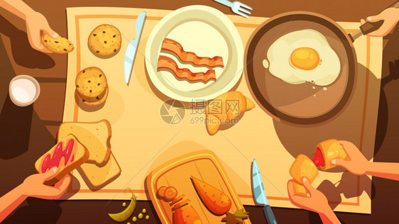 早餐桌顶视图早餐餐桌顶部景观乡村风格与煎鸡蛋平底锅与培根鞋带手蛋糕牛角包平矢量插图图片