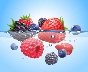 浆果水中的真实成分浆果水中的真实成分与草莓蓝莓覆盆子矢量插图图片