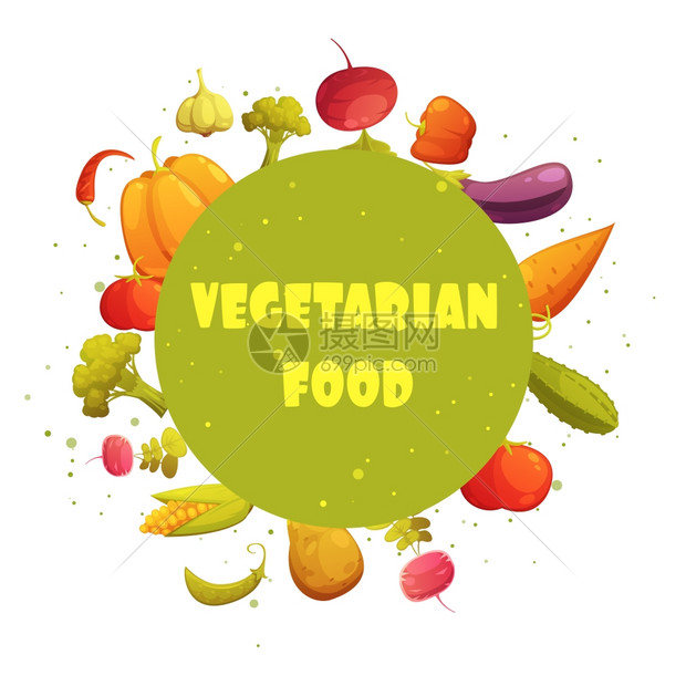 素食圆形蔬菜构图海报素食饮食圆形绿色圆圈新鲜蔬菜构图卡通复古风格图标海报抽象矢量插图图片
