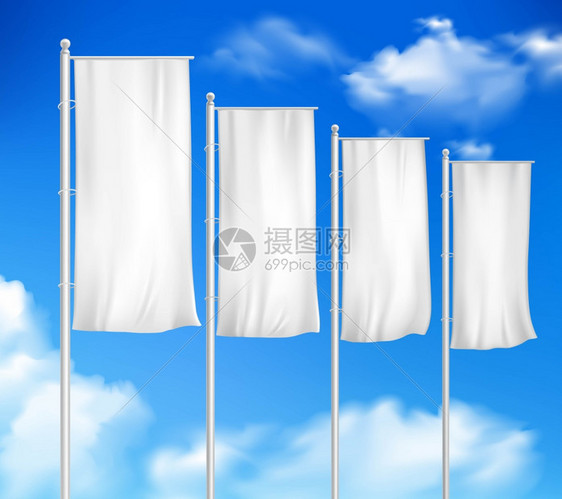 白色空白4户外杆旗四个白色空白杆旗模板为户外装饰销售活动广告天空背景矢量插图图片