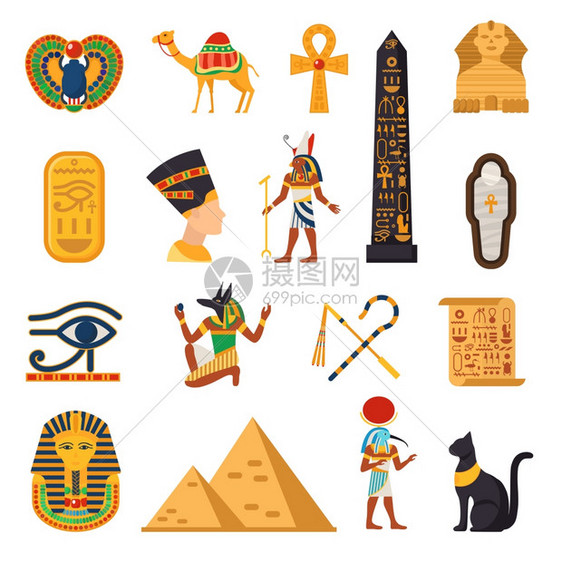 埃及旅游图标埃及旅游图标金字塔沙漠符号平孤立矢量插图图片