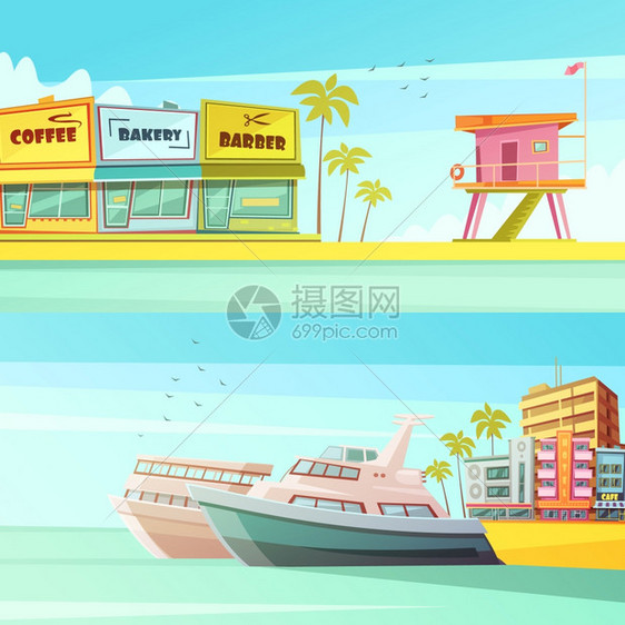 迈阿密海滩水平横幅迈阿密海滩横向横幅卡通风格与沙岸海鸥游艇酒店平矢量插图图片