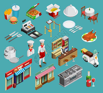 餐厅图标餐厅等距图标与食物烹饪符号蓝色背景孤立矢量插图图片