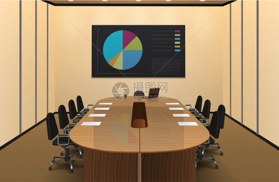 会议室室内插图会议室内部写实与图表屏幕矢量插图图片