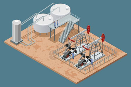 石油生产设施等距海报石油生产设施设备等距海报与平台炼油厂元素2个泵架矢量插图图片