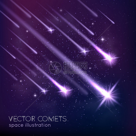 流星雨背景流星雨背景与坠落的发光彗星小行星恒星矢量插图图片
