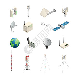 无线通信设备等距图标等距图标集无线通信设备,如塔卫星天线路由器等孤立矢量图图片