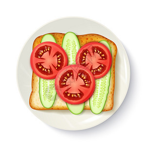 健康的早餐,开胃的顶级景观形象健康早餐的想法与新鲜番茄黄瓜片开胃顶部视图矢量插图图片
