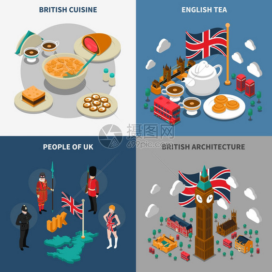 大列颠旅游等距2x2图标大列颠旅游等距2x2图标与英国文化元素,建筑美食人矢量插图图片