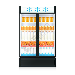 冰箱现实模板冰箱真实模板与食品饮料瓶纸箱璃门隔离矢量插图图片