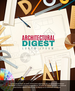 建筑建筑师工具插图建筑师工作场所与同的工具建筑施工图项目平矢量插图图片