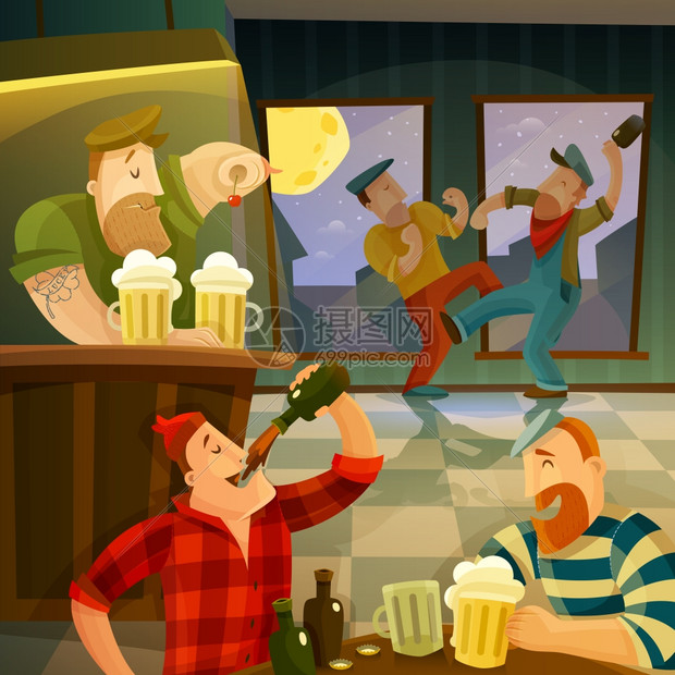 爱尔兰酒吧背景爱尔兰酒吧内部与饮酒跳舞的人卡通矢量插图图片