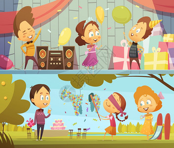 孩子们的派横幅快乐的孩子生日聚会上快乐地跳舞玩耍,水平横幅,卡通矢量插图图片