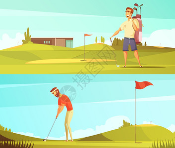 高尔夫球员2复古横幅高尔夫球手球场2水平复古卡通横幅红针旗孤立矢量插图图片