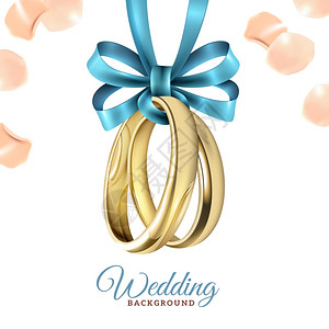 婚礼的现实背景婚礼写实背景与悬挂金金属戒指,丝带,蝴蝶结,玫瑰花瓣矢量插图图片