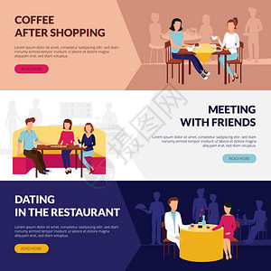 为游客提供餐厅服务的平横幅关于餐厅服务的信息3平横幅网页与咖啡吧约会抽象孤立矢量插图图片